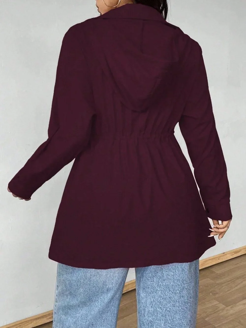 Burgundy Casual Women's Plus Size Hooded Cinched Waist Long Sleeve Jacket - Picture 2 of 6